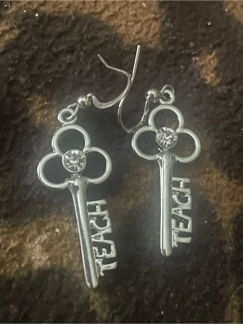 New Silver 'Teach' Key Dangle Earrings